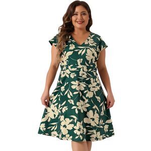 Plus Size Deep V Neck Sleeve Floral Dresses Dark Green